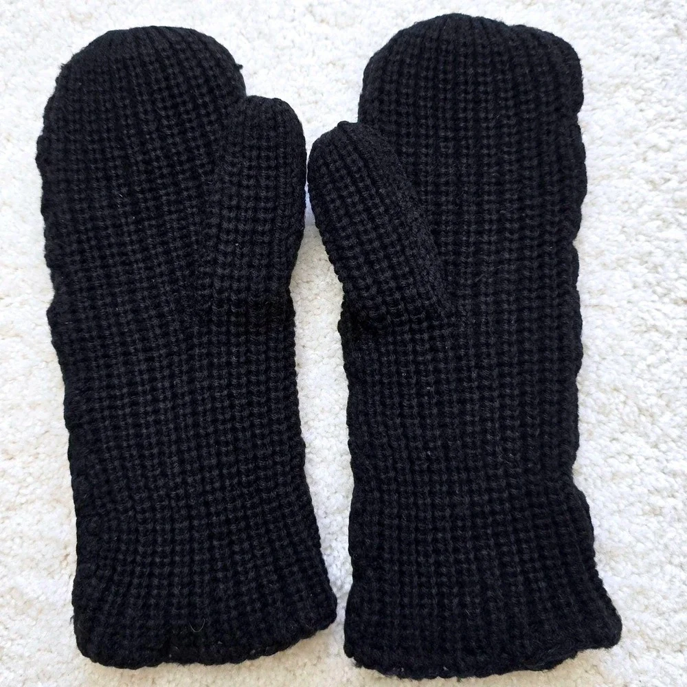 Vintage 1970s Crochet Mittens Women Colorful Floral Black‎ Knit Winter Gloves